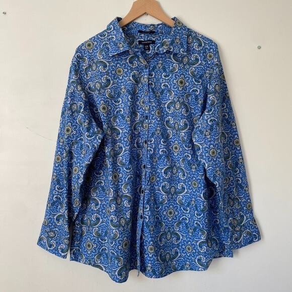 Lands End Women Paisley Button Up Top Size 22W No Iron Supima Boho Office Career - Picture 1 of 9